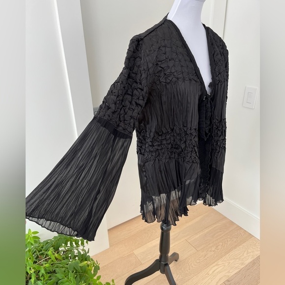 JOSEPH RIBKOFF Sheer Bell Sleeve Tie Front Black Jacket Crinkle High Low Ruffle - Picture 9 of 17